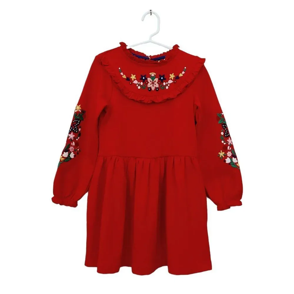 Mini Boden Dress Girls 4-5Y Red Embroidered Floral Pleated Ruffles Cotton Blend - Picture 2 of 11